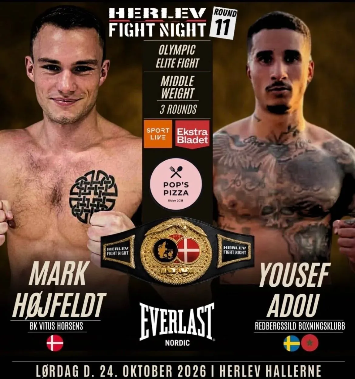 Affisch: Herlev Fight Night 11, Mark Højfeldt vs Yousef Adou, lördag 24 oktober 2026 i Herlev Hallerne