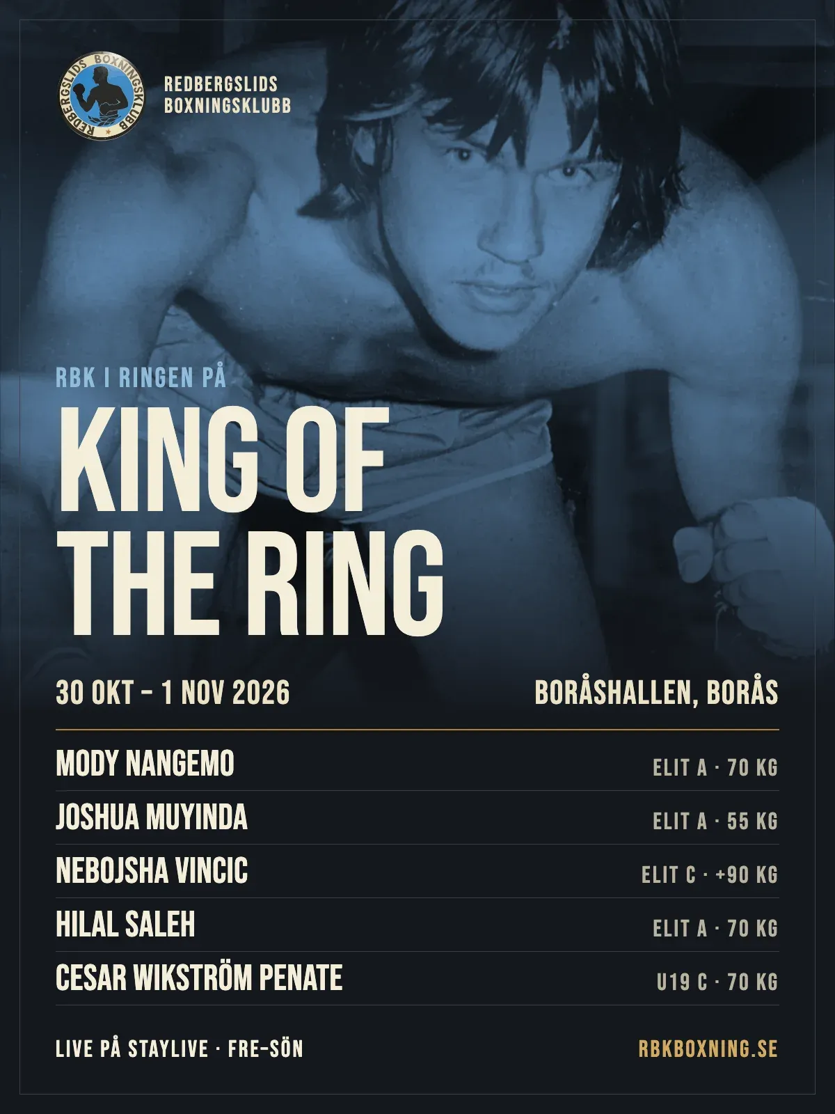 Affisch: RBK i ringen på King of the Ring, 30 oktober–1 november 2026 i Boråshallen, Borås, med klubbens fem boxare